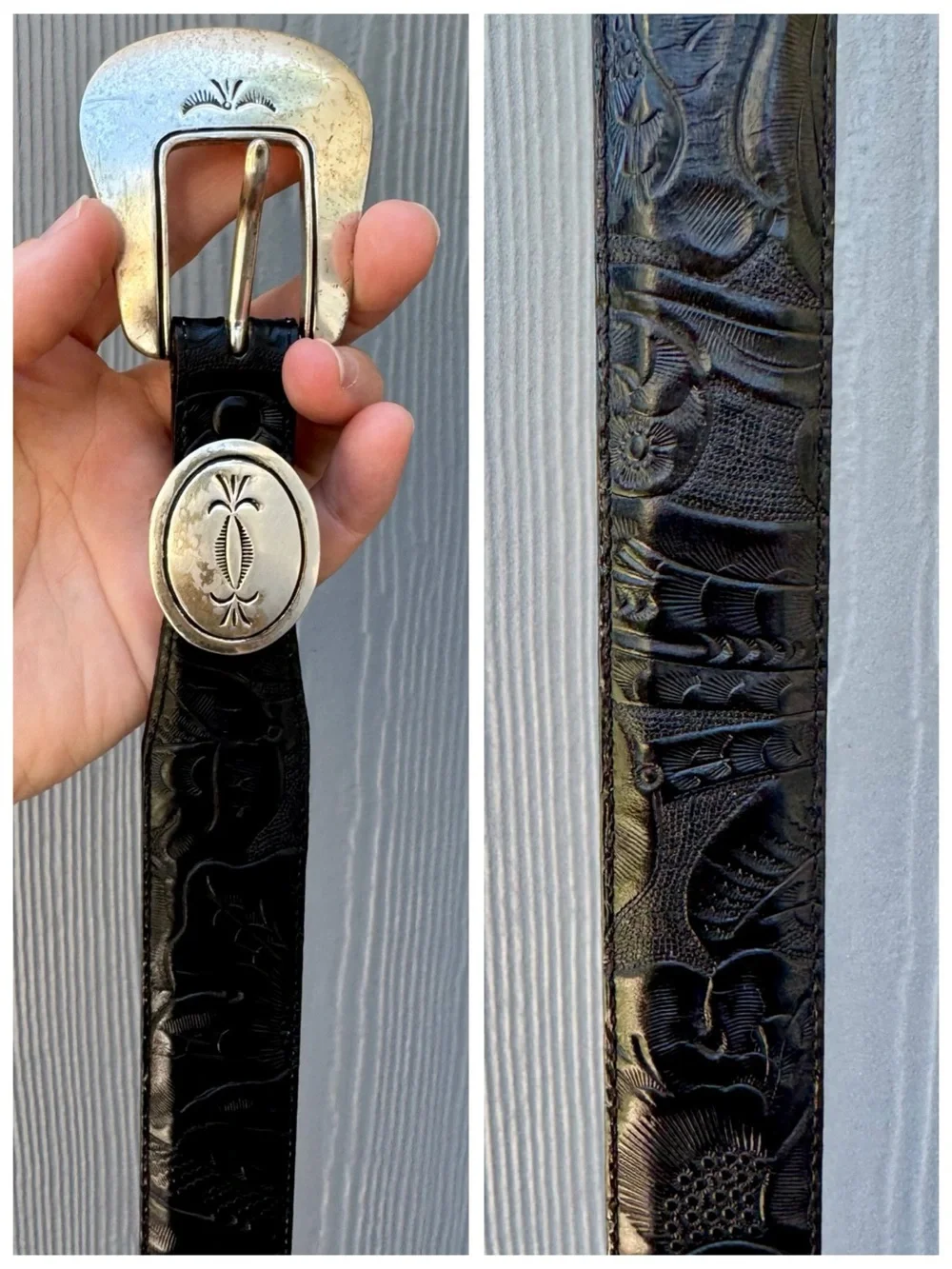 Vintage Justin Western Belt, Black Tooled (Embossed) Floral Leather sz. 30 - Picture 6 of 17